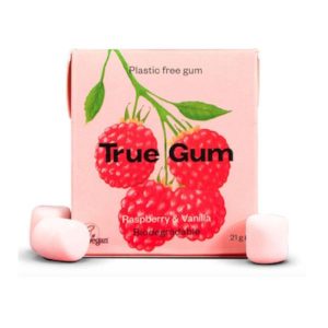 Chicle sin plástico sabor frambuesa y vainilla 21gr - True