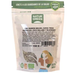 Lino marrón molido, copos trigo sarraceno, coco rallado y blueberry 150gr - Naturgreen
